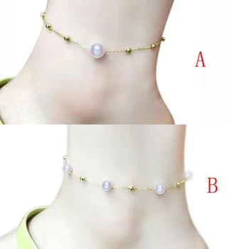 Sinya 18k Au750 guld Kæde Fodlænker Armbånd med naturlige runde perle-charme for kvinder, pige, Mor elsker længde 18-25 cm justerbar