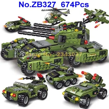 674pcs 6in1 militære ww2 pansret køretøj helikopter fighter tank hovercraft 6 building block-Toy