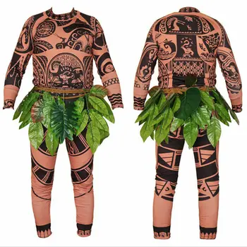 Moana Maui Tatovering T-Shirt og Bukser Halloween Voksen Herre Kvinder Cosplay Kostumer med Blade Indretning Blattern Halloween Voksen Cosplay