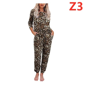 Efterår og vinter damer tie-dye leopard print pyjamas strikkede blonder-up langærmet bukser casual og komfortable hjem sæt JJF0072