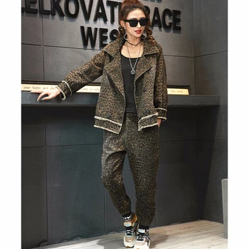 Antal LuLu 2019 Koreansk Mode Damer Leopard To Stykker Sæt Kvinders Vintage Denim, Toppe Og Harem Bukser Casual Streetwear Plus Størrelse