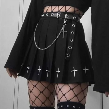 Rosetic Kvinder Plisseret Nederdel Sexet Mini Cross Print Gotiske Mørke Punk Fashion Sort Streetwear Korte Nederdele Med Høj Talje Sommer